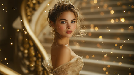 a woman in a gown stands on a staircase surrounded by bokeh lights, creating an elegant and magical sceneの素材
