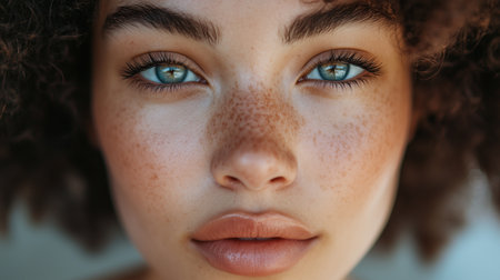 a close up portrait of a beautiful woman with striking blue eyes and freckles looking at the cameraの素材