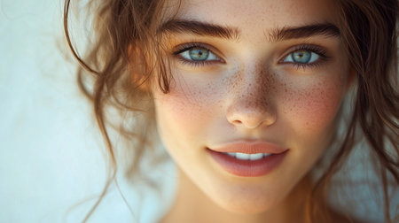 a beautiful woman with blue eyes and freckles smiles softly in a close up headshot portrait view angleの素材