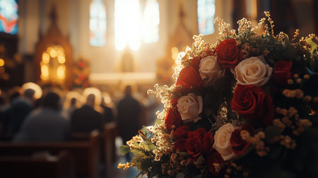 a floral arrangement of red and white roses sits in a church during a service with people in the backgroundの素材