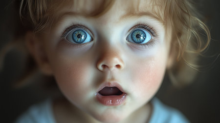 a close up of a child with blue eyes and open mouth, looking directly at the camera with a sweet expressionの素材