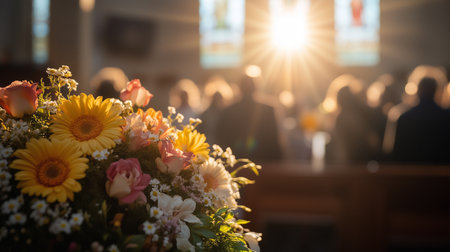 a floral arrangement in a church setting with sunlight streaming through stained glass windows and blurred peopleの素材