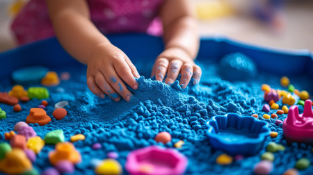 a child plays with blue kinetic sand and colorful toys in a blue plastic container indoors at playtimeの素材