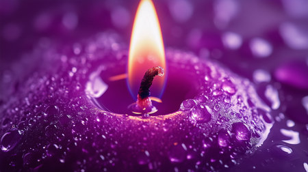 a close up shot of a purple candle with water droplets and a bright flame in the center of the candle waxの素材