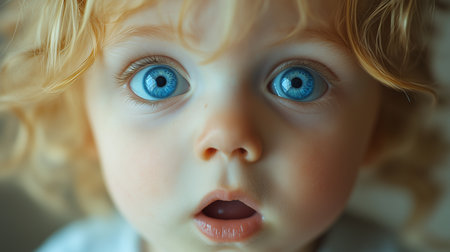 a close up portrait of a child with bright blue eyes and an open mouth, looking directly at the camera lensの素材