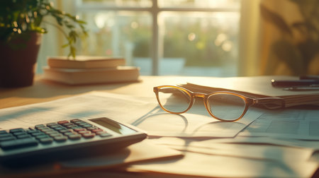 a desk with a calculator glasses and papers lit by sunlight coming through a window in a bright roomの素材