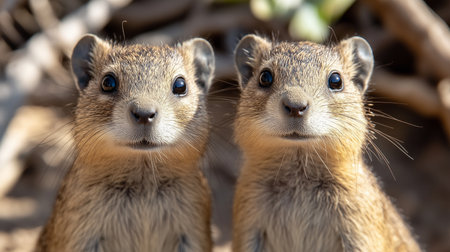 a close up shot of two rock hyraxes looking forward with curious expressions on their faces and brown furの素材