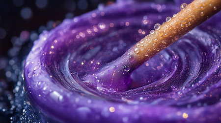 a close up image shows a wooden stick stirring a swirling purple liquid with water droplets on the surfaceの素材