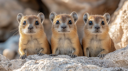 three rock hyraxes peek over rocks with curious expressions in a sunny outdoor setting, close up portraitの素材