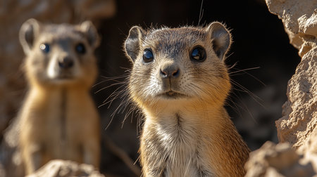 two rock hyraxes are looking out from their rocky den with curious expressions in a close up wildlife shotの素材