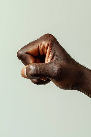a close up image of a clenched dark skinned fist against a neutral light colored background image viewの素材