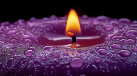 a close up of a purple candle with water droplets and a bright orange flame against a black backgroundの素材