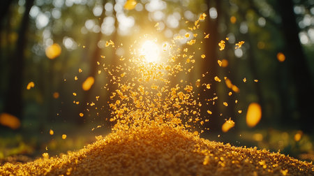 a view of golden particles rising against a blurred forest with bright sunlight shining through treesの素材