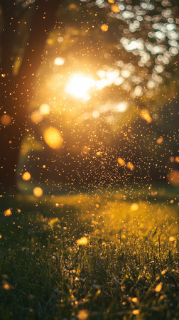 a golden field is illuminated by sunlight with dust particles floating in the air creating a dreamy atmosphereの素材