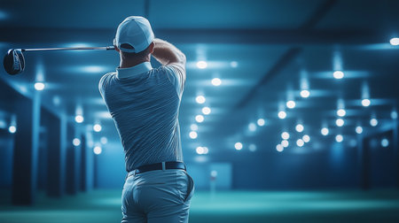 man swinging golf club at an indoor range with blue lighting and a blurred background for practice timeの素材