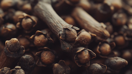 a detailed macro shot showing a pile of brown cloves with visible stems and flower buds in soft lightingの素材