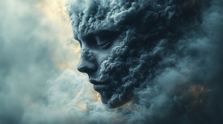 a surreal image of a face made of clouds, set against a soft, cloudy sky, creating an ethereal atmosphereの素材