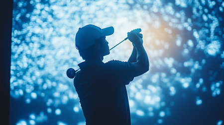 a golfer in silhouette is swinging a golf club against a blue bokeh background in a golf simulator roomの素材