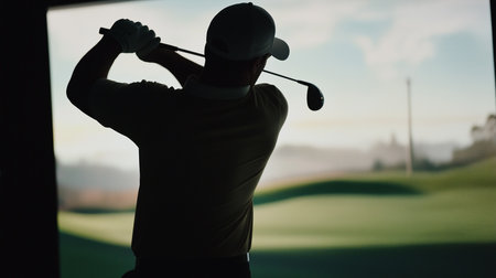 a golfer silhouette swings a club in front of a screen showing a golf course, indoors or simulator.の素材