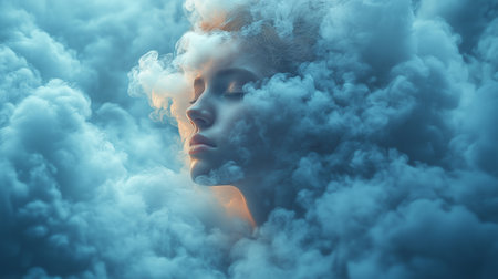 a serene woman's face merges seamlessly with blue and white clouds, creating a dreamy, ethereal portraitの素材
