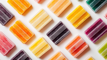 a flat lay of colorful homemade fruit popsicles arranged diagonally on a clean white surface backgroundの素材