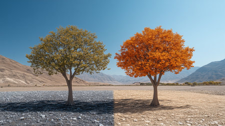 two trees with different colored leaves stand in a desert landscape under a clear blue sky near mountainsの素材