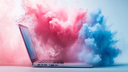 a laptop is engulfed in a vibrant cloud of pink and blue smoke, creating a visually stunning digital artworkの素材