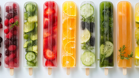 a vibrant display of fruit popsicles, each a unique blend of flavors, perfect for a refreshing summer treatの素材