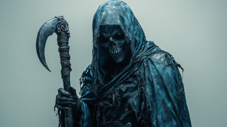 A dark and ominous figure of the grim reaper holding a scythe in a gray backgroundの素材