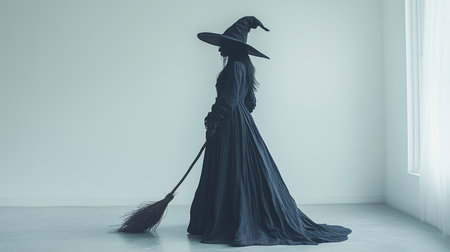 A mysterious witch in a dark dress and hat stands in a bright room with a broomの素材