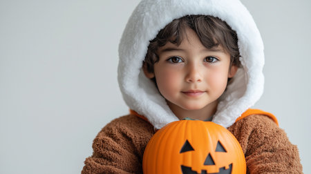 A young boy in a brown costume holding a carved orange pumpkinの素材