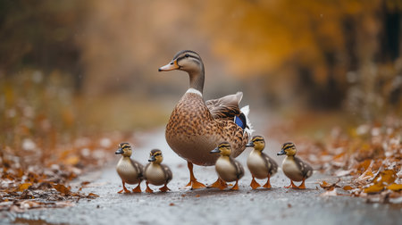 A mother duck leads her ducklings along a leaf-covered path in a serene autumnal landscapeの素材