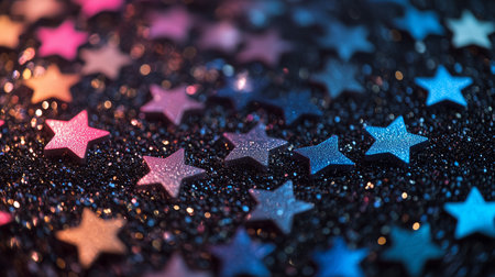 A colorful array of star-shaped glitter on a dark backgroundの素材