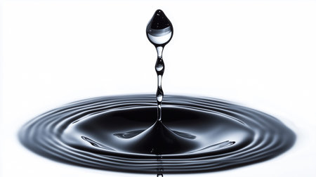 a close up shot of a water drop creating ripples in a pool of water against a white studio backgroundの素材
