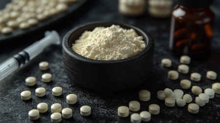 a still life featuring a bowl of powder, pills, and a syringe on a dark surface with blurred bottlesの素材