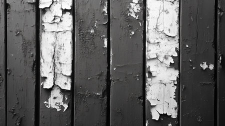 a weathered wooden fence shows peeling paint in a black and white monochrome style, a rustic texture.の素材
