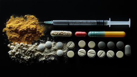 a studio shot shows pills capsules syringe and powders arranged on a black surface with dark backgroundの素材