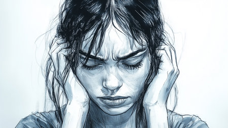a sketch of a woman with her hands on her head, eyes closed, expressing pain, stress and deep anguishの素材