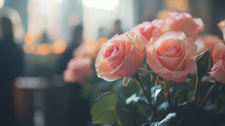 a bouquet of pink roses in soft focus with a blurred background of people and lights creating a romantic feelの素材