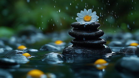 a serene scene of stacked stones with a flower on top, set in a pond during a gentle rain showerの素材