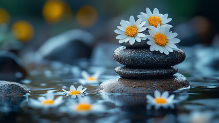 a serene scene with stacked stones topped with daisies surrounded by water and floating daisy petalsの素材