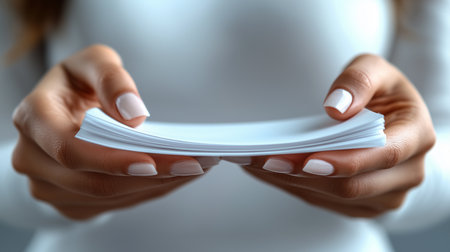close up of a woman holding a stack of white paper sheets with manicured nails in a soft focus viewの素材