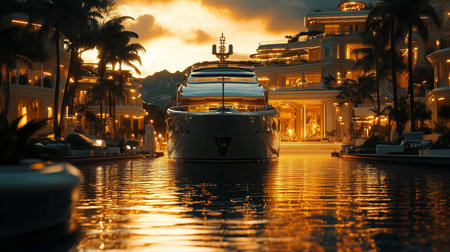 a luxury yacht sits docked in front of a lit building at sunset, with palm trees and water reflectionsの素材