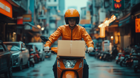 a delivery driver on a scooter with a package in a city street, wearing an orange helmet and jacketの素材