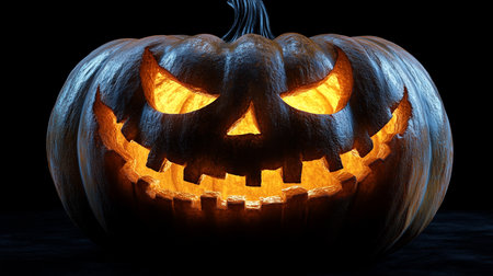 a jack o lantern glows brightly in the dark with a threatening carved face ready for halloween night funの素材