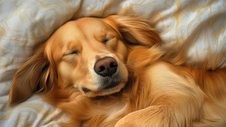 a golden retriever is sleeping peacefully on a white blanket, looking cozy and relaxed in a home settingの素材