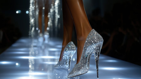 sparkling high heels on a runway, models walking down the catwalk, a bright and glamorous fashion show sceneの素材