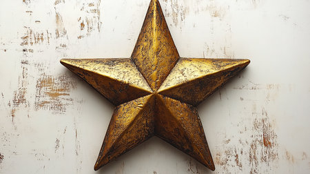 a golden star is mounted on a white wooden background with a distressed texture in a close up shotの素材
