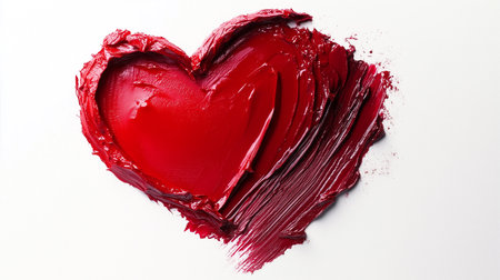 a vibrant red heart shape formed by smeared lipstick on a clean white background with brushstroke textureの素材