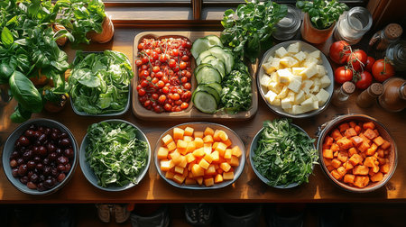 a top down view of fruits and vegetables on a table, perfect for healthy eating and cooking content.の素材